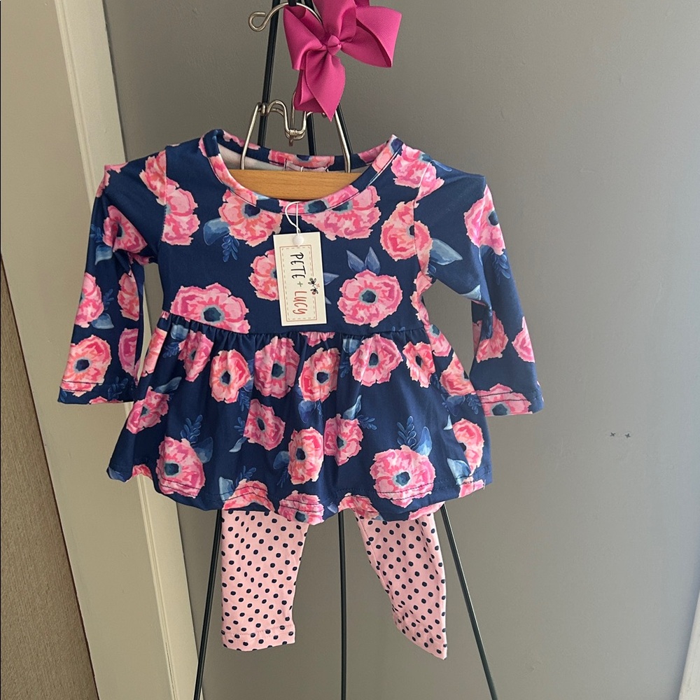 Pete + Lucy Floral Baby Dress with Polka Dot Leggings
Size 0-6 months